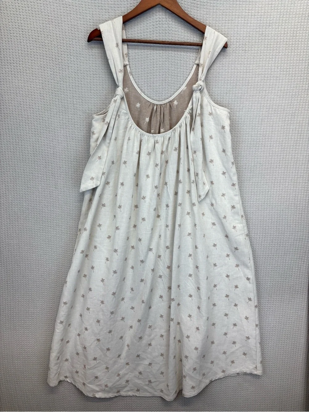 Faherty Tie Strap Organic Linen Cotton Tan Shift Midi Dress Sz Med Palm Trees